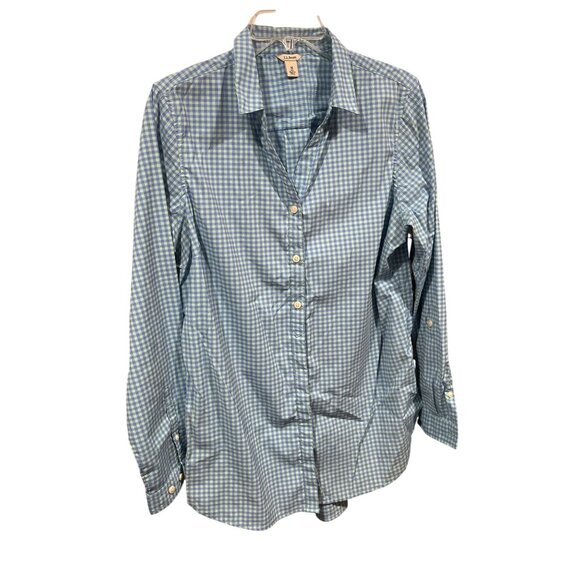 L.L.Bean Womens Medium Button-Up Gingham Shirt Blue & Green Long Sleeve 23i - Picture 2 of 12